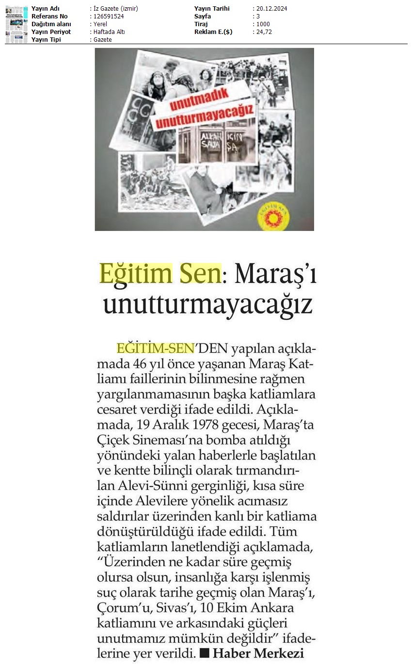 Eğitim Sen: Maraş'ı Unutturmayacağız / İz Gazete