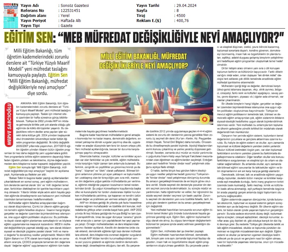 Eğitim Sen: "MEB Müfredat Değişikliğiyle Neyi Amaçlıyor?" / Sonsöz Gazetesi