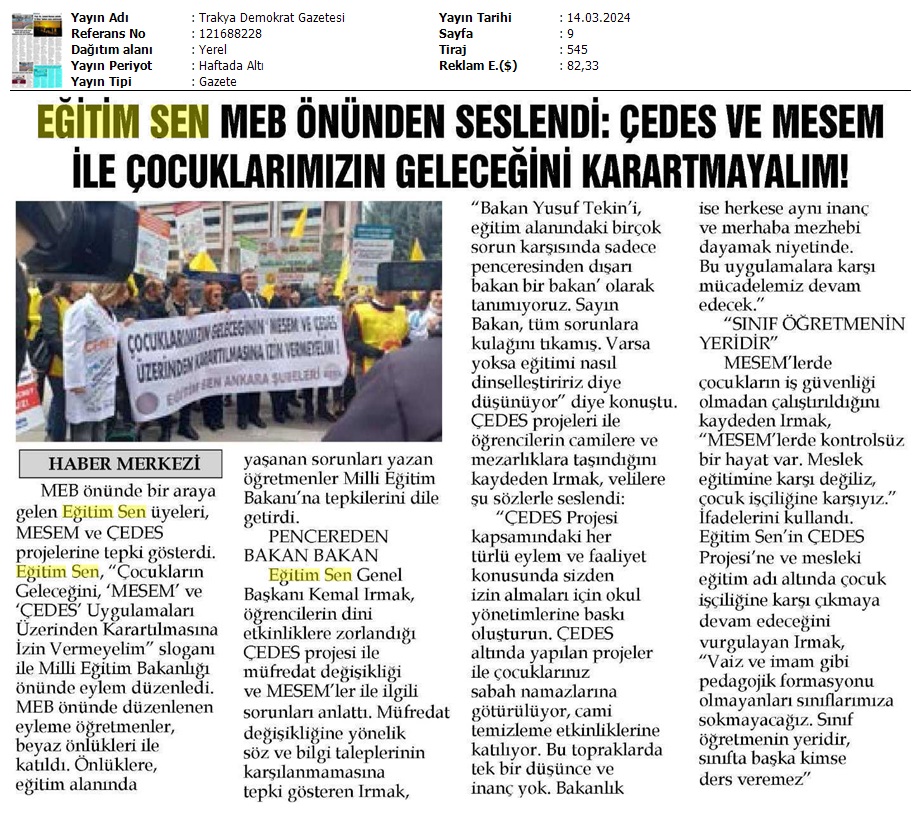 Eğitim Sen MEB Önünden Seslendi: ÇEDES ve MESEM ile Çocuklarımızın Geleceğini Karartmayalım! / Trakya Demokrat Gazetesi