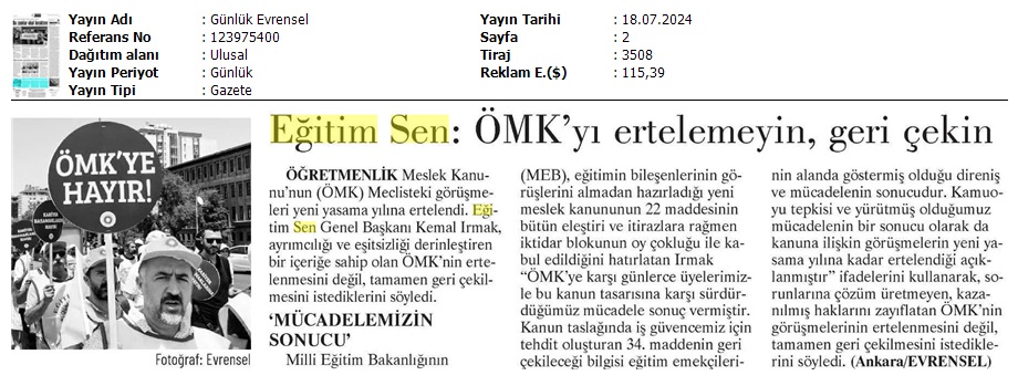 Eğitim Sen: ÖMK'yi Ertelemeyin, Geri Çekin / Evrensel