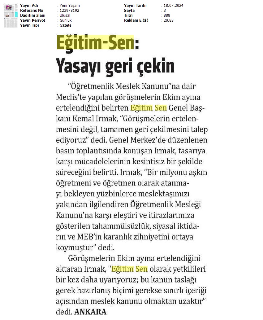Eğitim Sen: Yasayı Geri Çekin / Yeni Yaşam