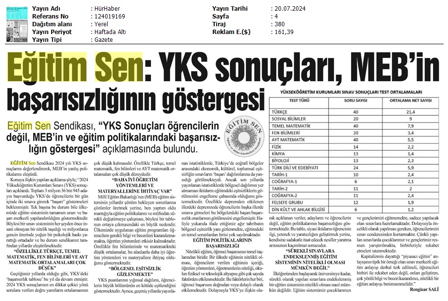 Eğitim Sen: YKS Sonuçları, MEB'in Başarısızlığının Göstergesi / Hür Haber