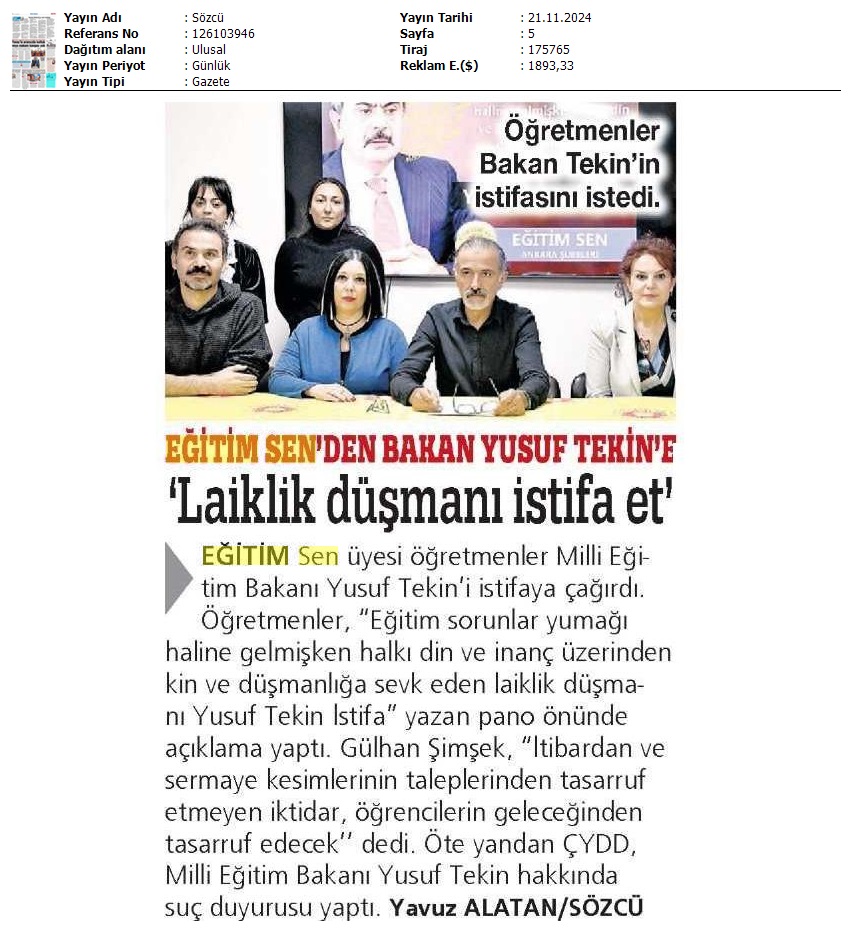 Eğitim Sen'den Bakan Yusuf Tekin'e: 'Laiklik Düşmanı İstifa Et' / Sözcü