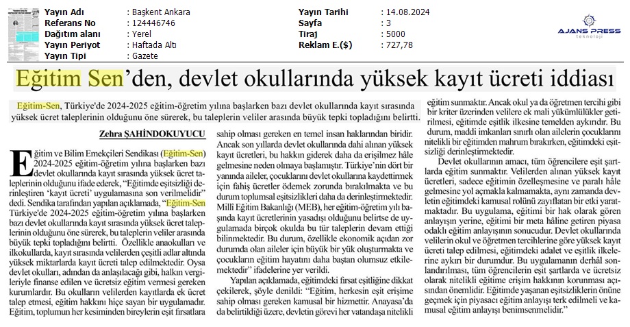 Eğitim Sen'den, Devlet Okullarında Yüksek Kayıt Ücreti İddiası / Başkent Ankara