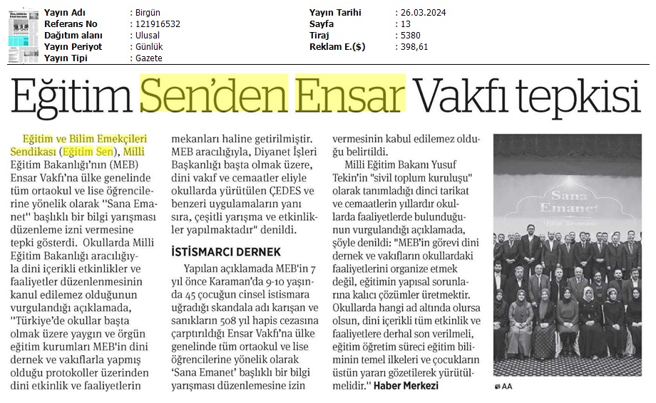 Eğitim Sen'den Ensar Vakfı Tepkisi / Birgün