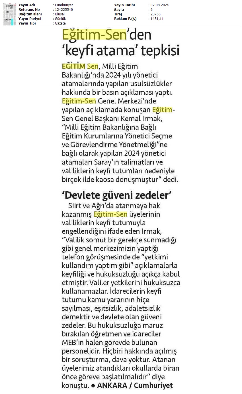 Eğitim Sen'den Keyfi Atama Tepkisi / Cumhuriyet