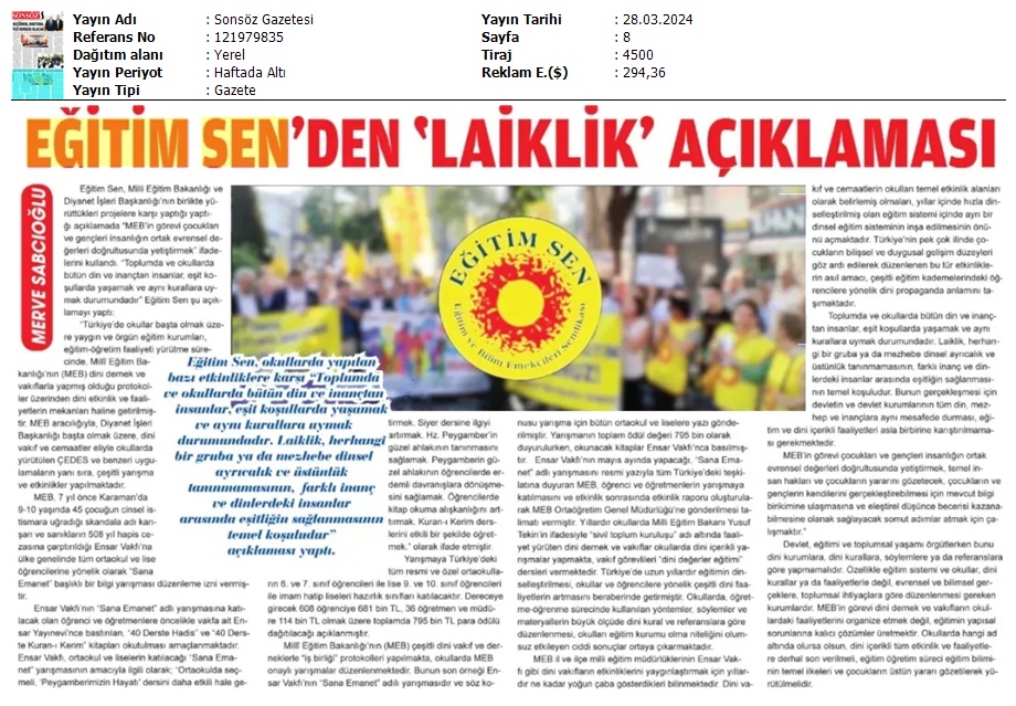 Eğitim Sen'den 'Laiklik' Açıklaması / Sonsöz Gazetesi