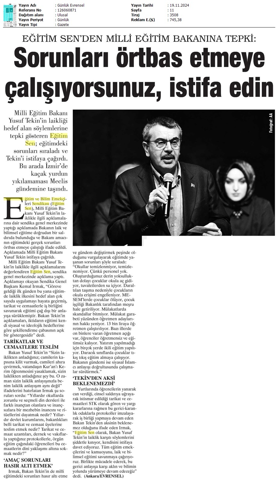 Eğitim Sen'den Milli Eğitim Bakanı'na Tepki: İstifa Edin / Evrensel
