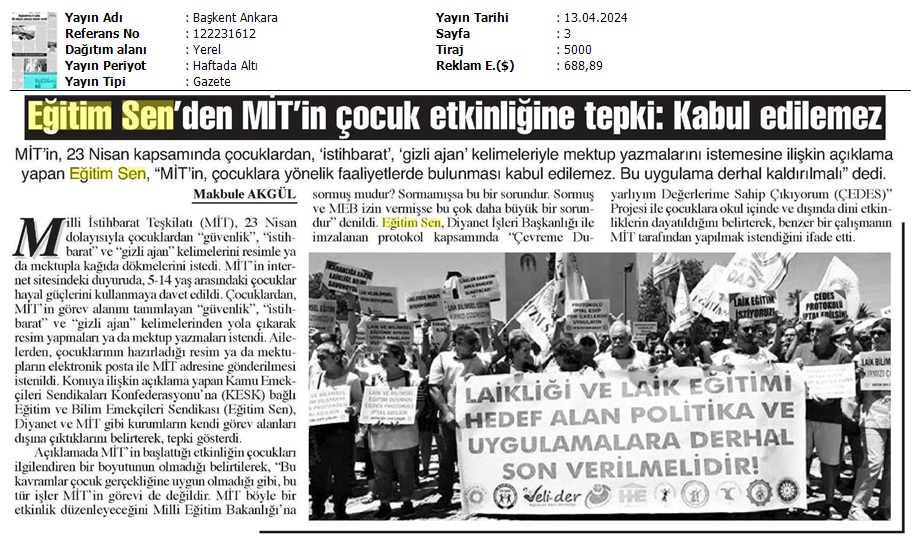 Eğitim Sen'den MİT'in Çocuk Etkinliğine Tepki: Kabul Edilemez / Başkent Ankara