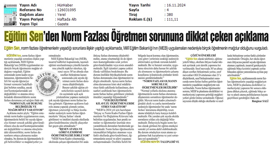 Eğitim Sen'den Norm Fazlası Öğretmen Sorununa Dikkat Çeken Açıklama / Hür Haber