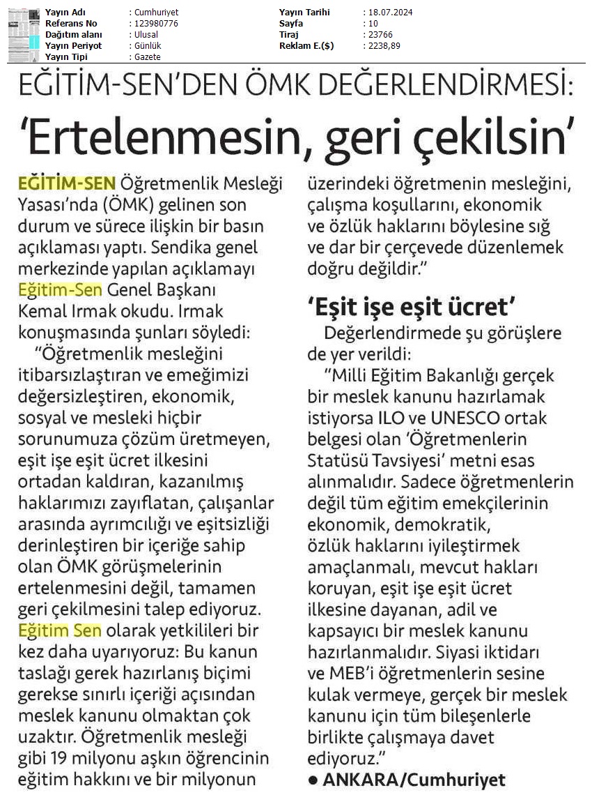 Eğitim Sen'den ÖMK Değerlendirmesi: "Ertelenmesin, Geri Çekilsin" /  Cumhuriyet