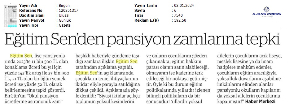 Eğitim Sen'den Pansiyon Zamlarına Tepki / Birgün