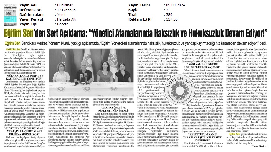 Eğitim Sen'den Sert Açıklama: "Yönetici Atamalarında Haksızlık ve Hukuksuzluk Devam Ediyor" / Hür Haber