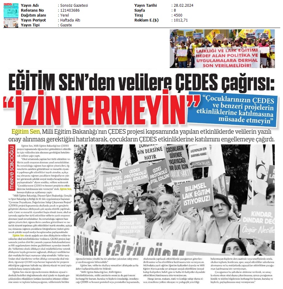 Eğitim Sen'den Velilere ÇEDES Çağrısı: "İzin Vermeyin" / Sonsöz Gazetesi