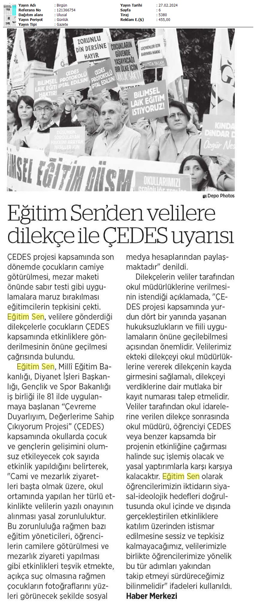 Eğitim Sen'den Velilere Dilekçe ile ÇEDES Uyarısı / Birgün