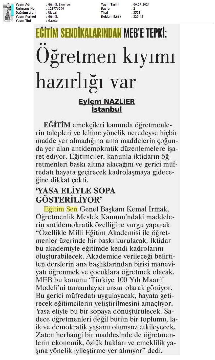 Eğitim Sendikalarından MEB'e Tepki: Öğretmen Kıyımı Hazırlığı Var / Evrensel