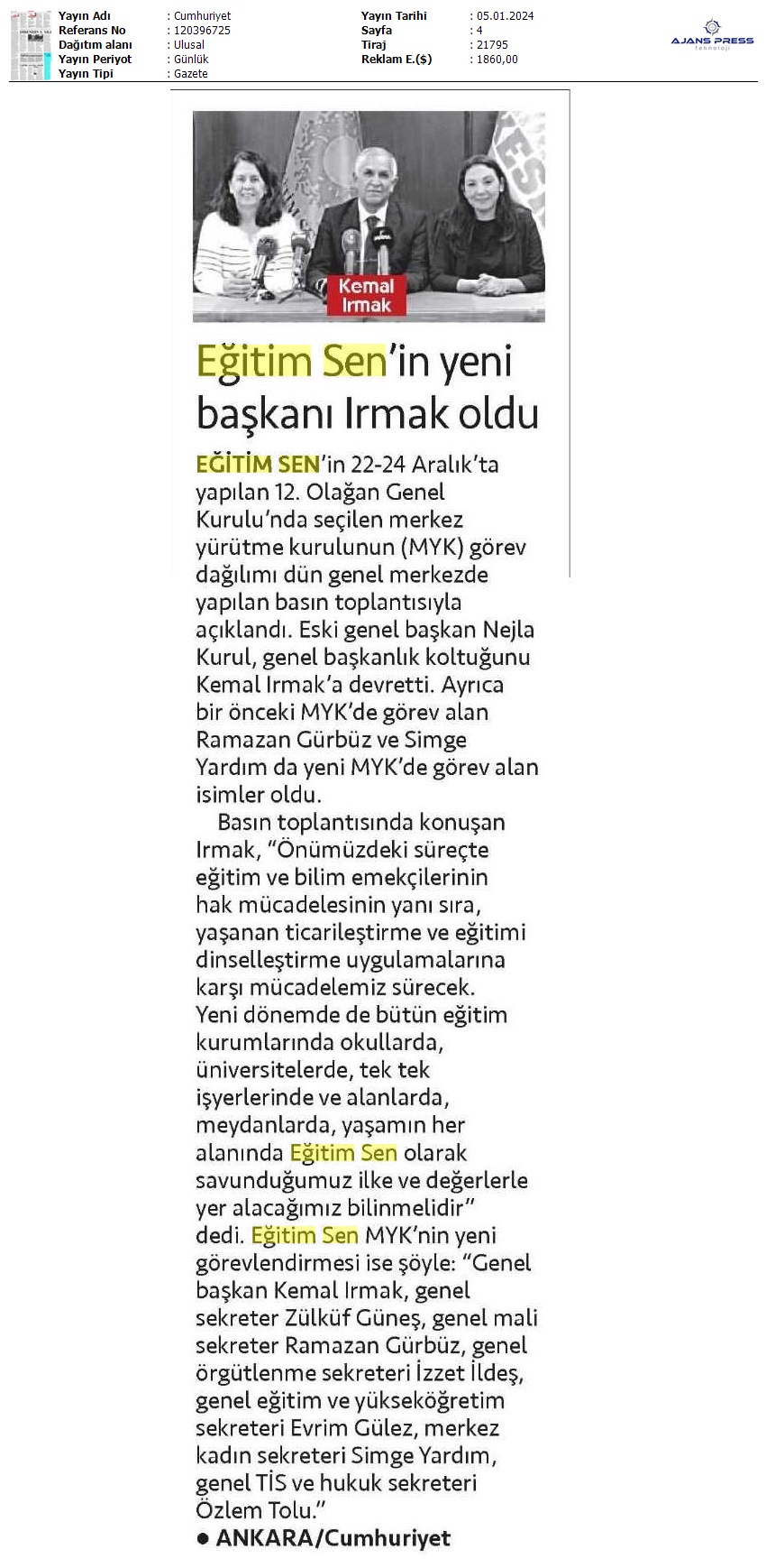 Eğitim Sen'in Yeni Başkanı Irmak Oldu / Cumhuriyet