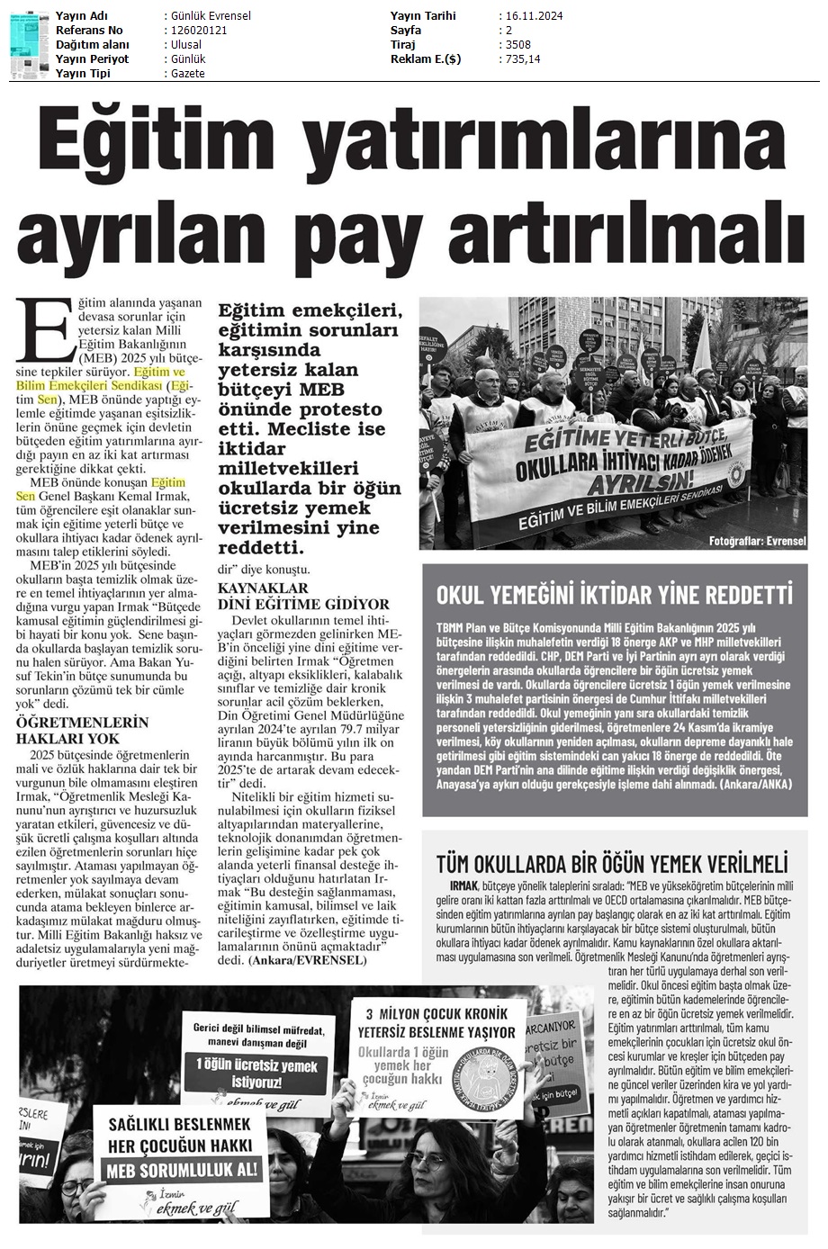 Eğitim Yatırımlarına Ayrılan Pay Artırılmalı / Evrensel