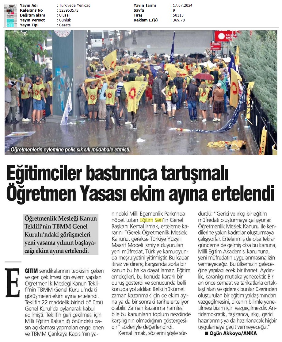 Eğitimciler Bastırınca Tartışmalı Öğretmen Yasası Ekim Ayına Ertelendi / Türkiye'de Yeniçağ