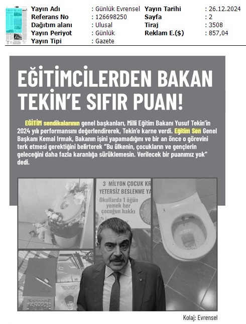 Eğitimcilerden Bakan Tekin'e Sıfır Puan! / Evrensel