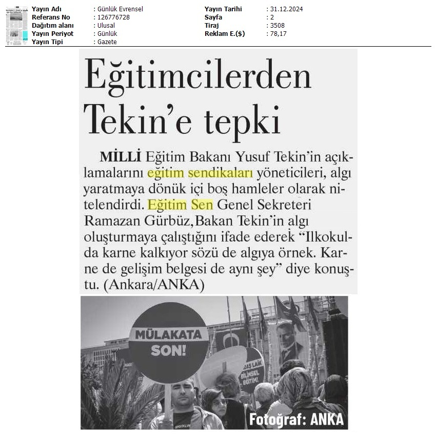 Eğitimcilerden Tekin'e Tepki / Evrensel