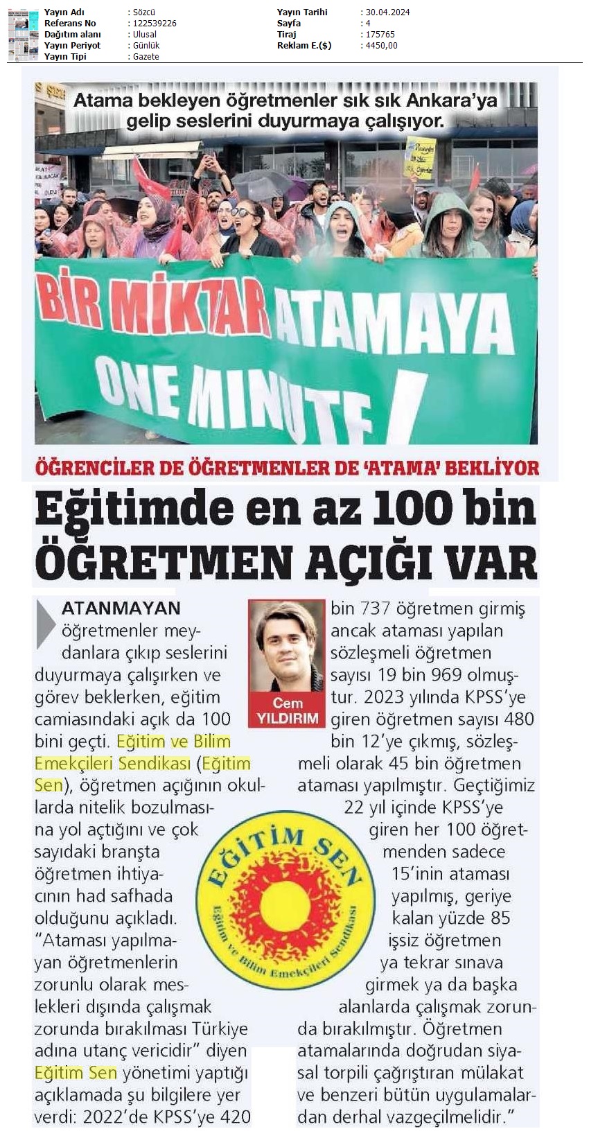 Eğitimde En Az 100 Bin Öğretmen Açığı Var / Sözcü