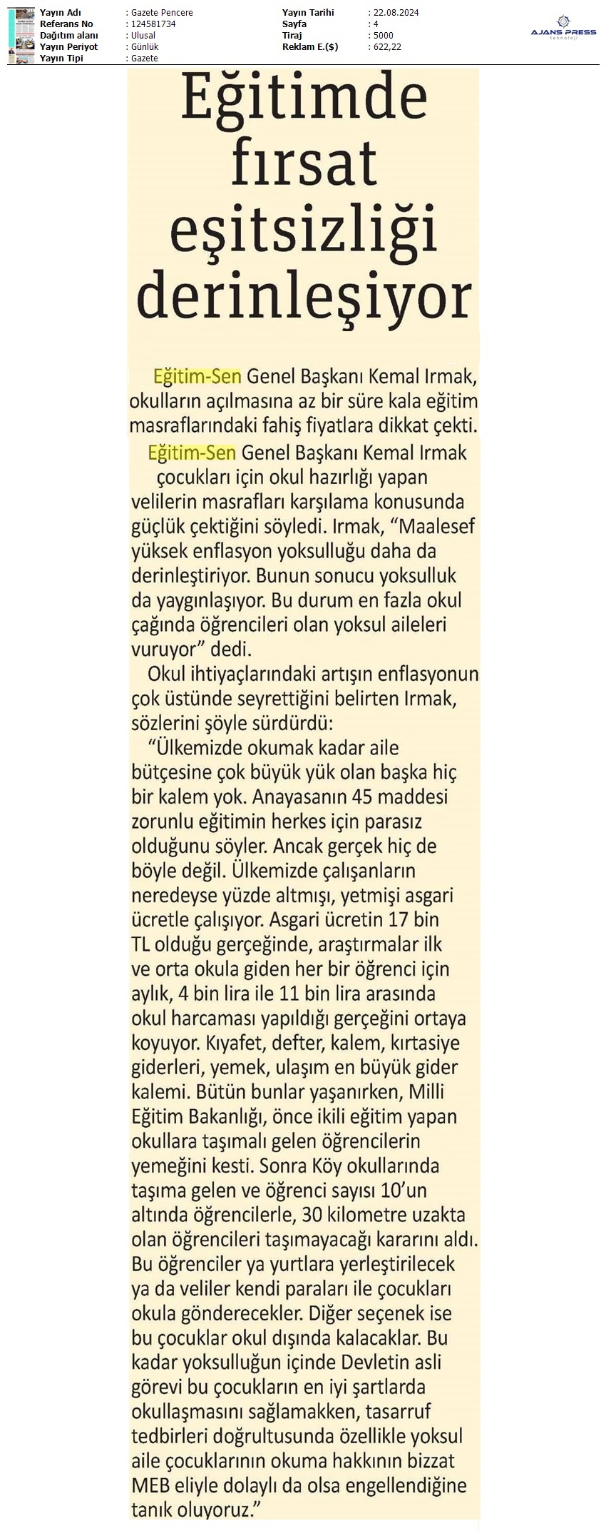 Eğitimde Fırsat Eşitsizliği Derinleşiyor / Gazete Pencere