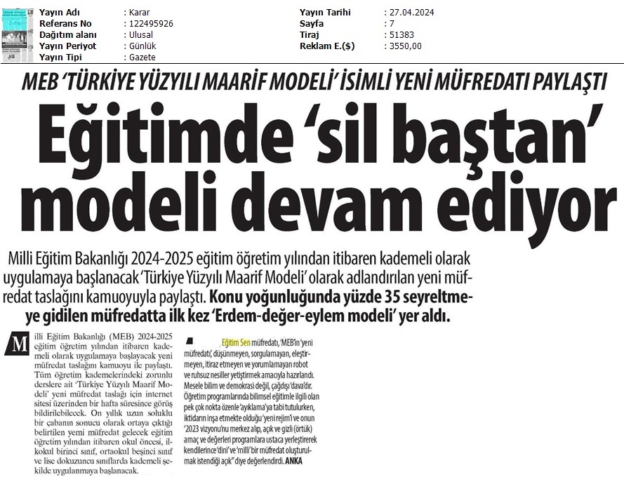 Eğitimde 'Sil Baştan' Modeli Devam Ediyor / Karar