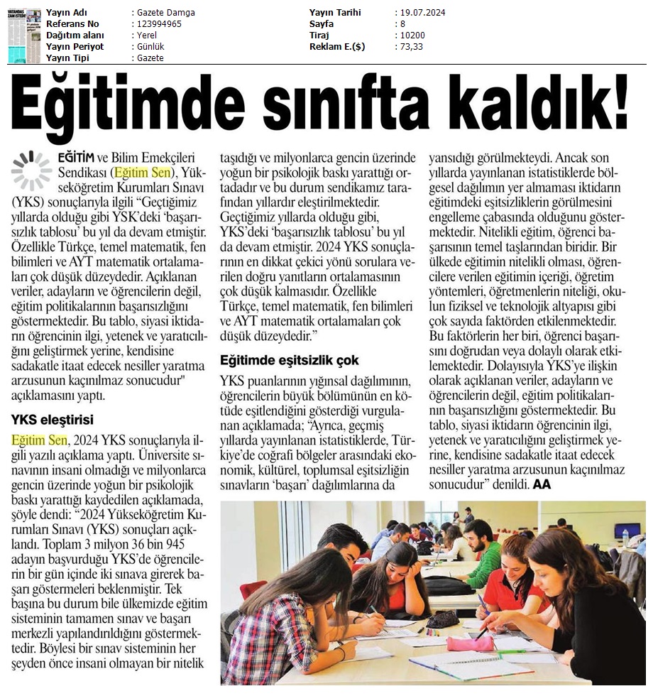 Eğitimde Sınıfta Kaldık! / Gazete Damga
