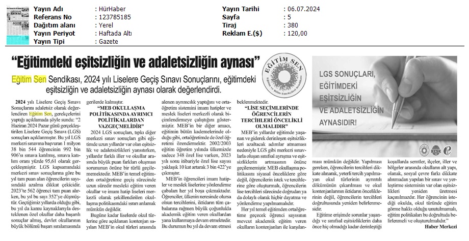 "Eğitimdeki Eşitsizliğin ve Adaletsizliğin Aynası" / Hür Haber