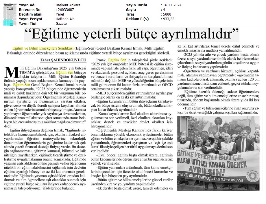 "Eğitime Yeterli Bütçe Ayrılmalıdır" / Başkent Ankara