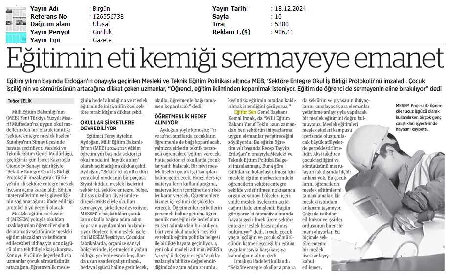 Eğitimin Eti Kemiği Sermayeye Emanet / Birgün