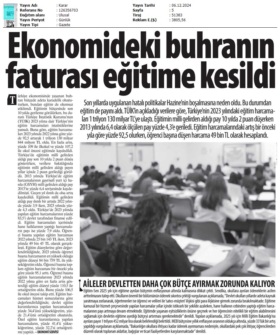 Ekonomideki Buhranın Faturası Eğitime Kesildi / Karar