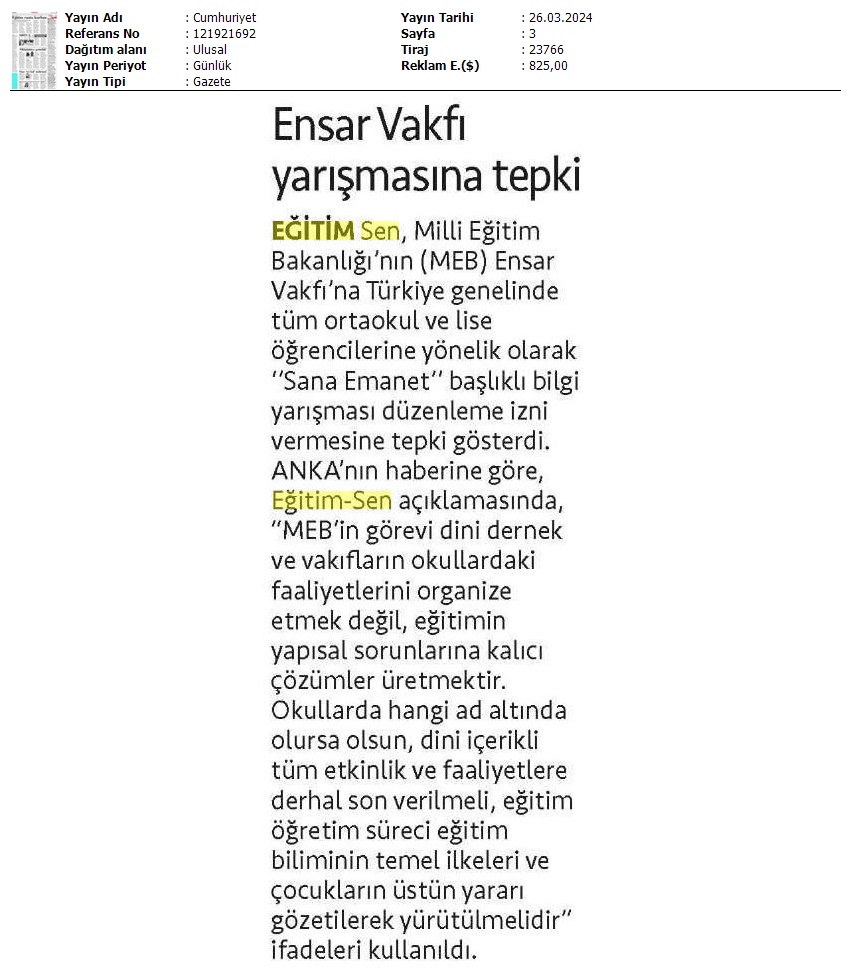 Ensar Vakfı Yarışmasına Tepki / Cumhuriyet