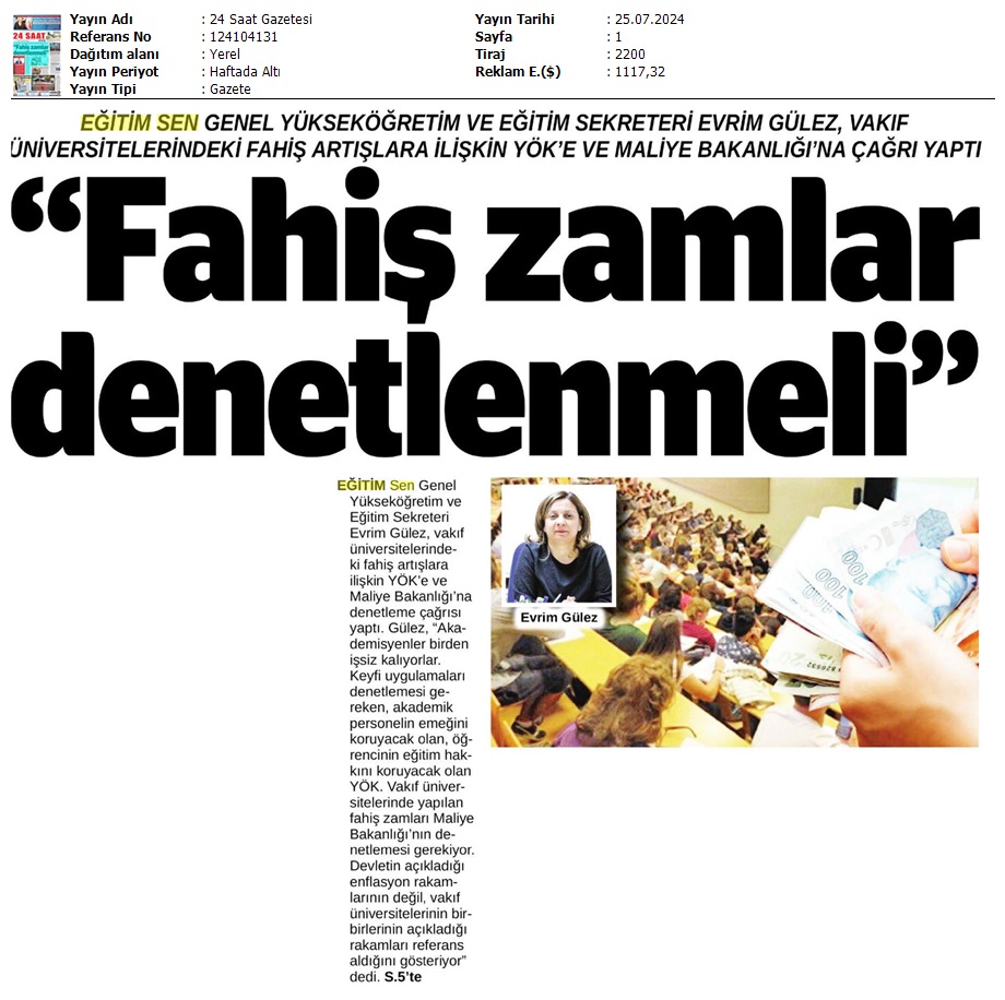 "Fahiş Zamlar Denetlenmeli" / 24 Saat Gazetesi