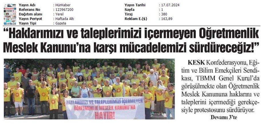 "Haklarımızı ve Taleplerimizi İçermeyen Öğretmenlik Meslek Kanunu'na Karşı Mücadelemizi Sürdüreceğiz!" / Hür Haber