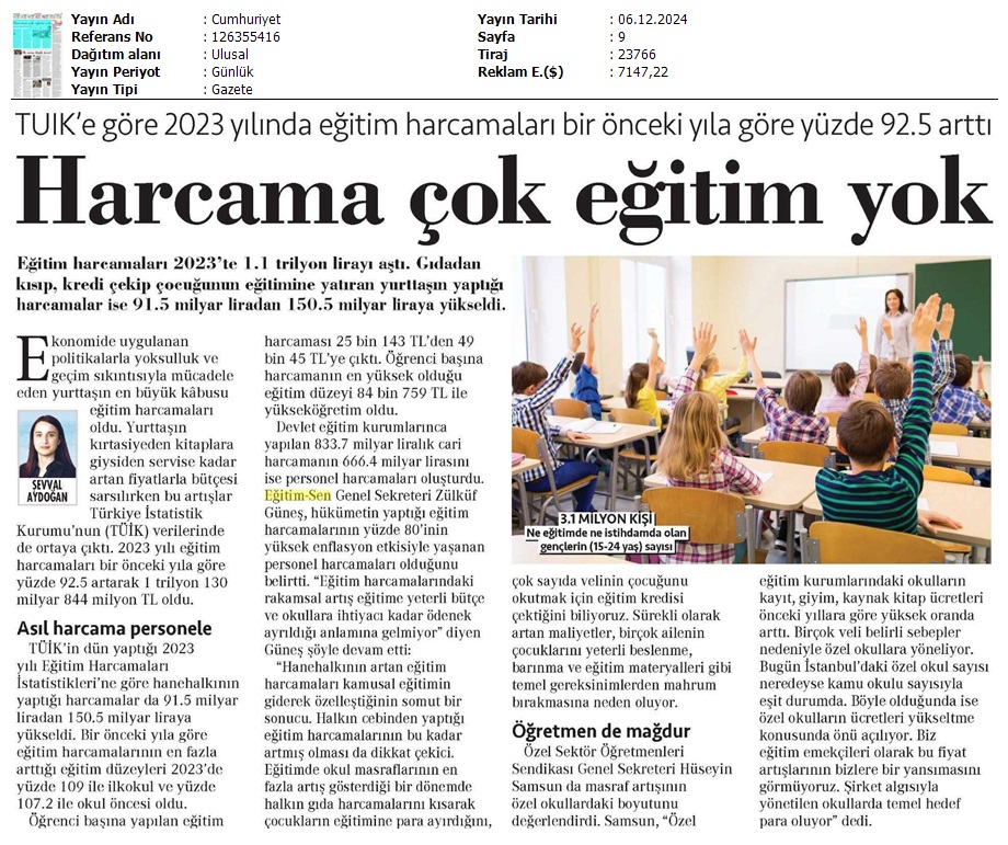 Harcama Çok Eğitim Yok / Cumhuriyet