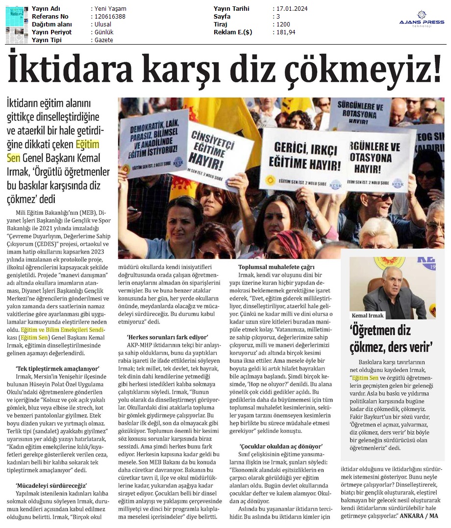 İktidara Karşı Diz Çökmeyiz! / Yeni Yaşam