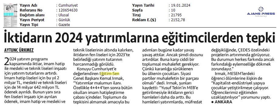 İktidarın 2024 Yatırımlarına Eğitimcilerden Tepki / Cumhuriyet