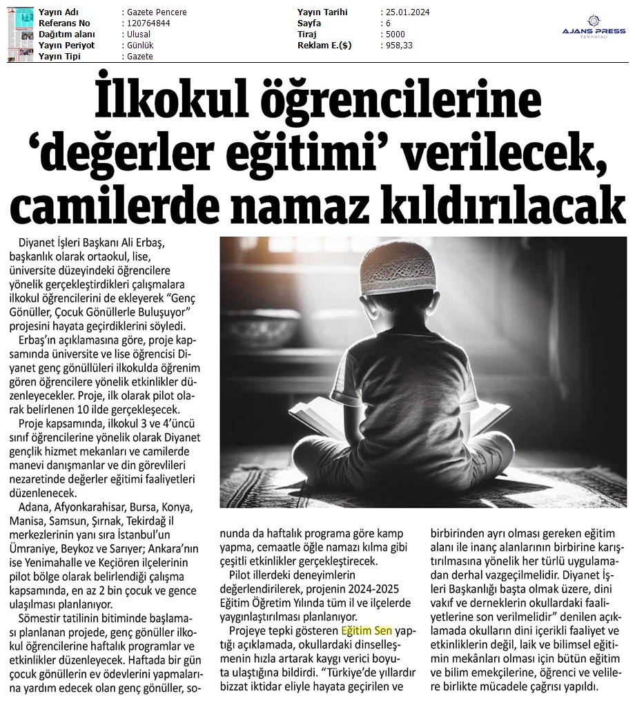 İlkokul Öğrencilerine 'Değerler Eğitimi' Verilecek, Camilerde Namaz Kıldırılacak / Gazete Pencere