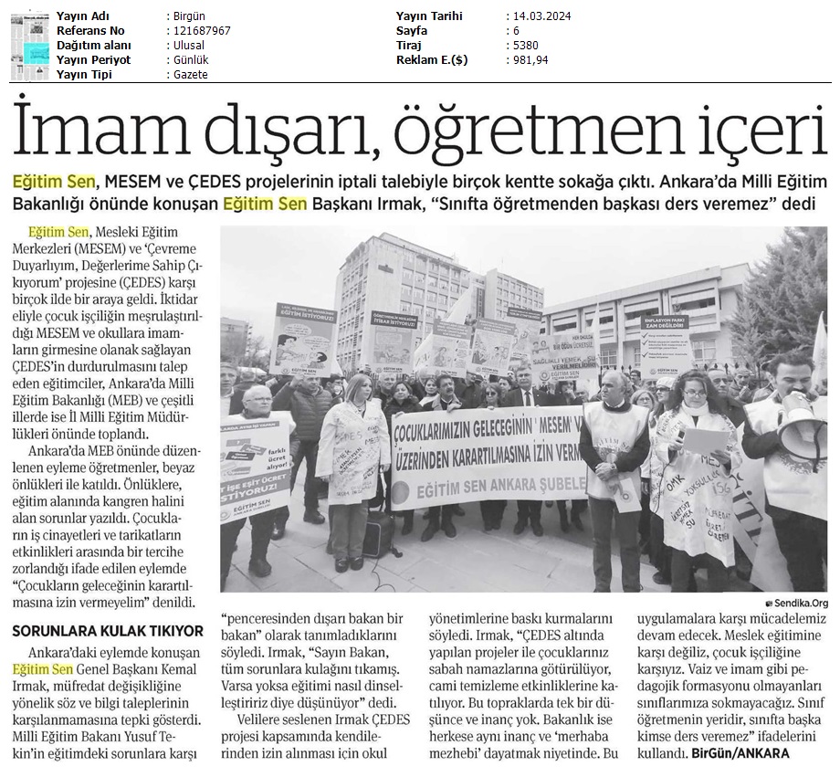 İmam Dışarı, Öğretmen İçeri / Birgün