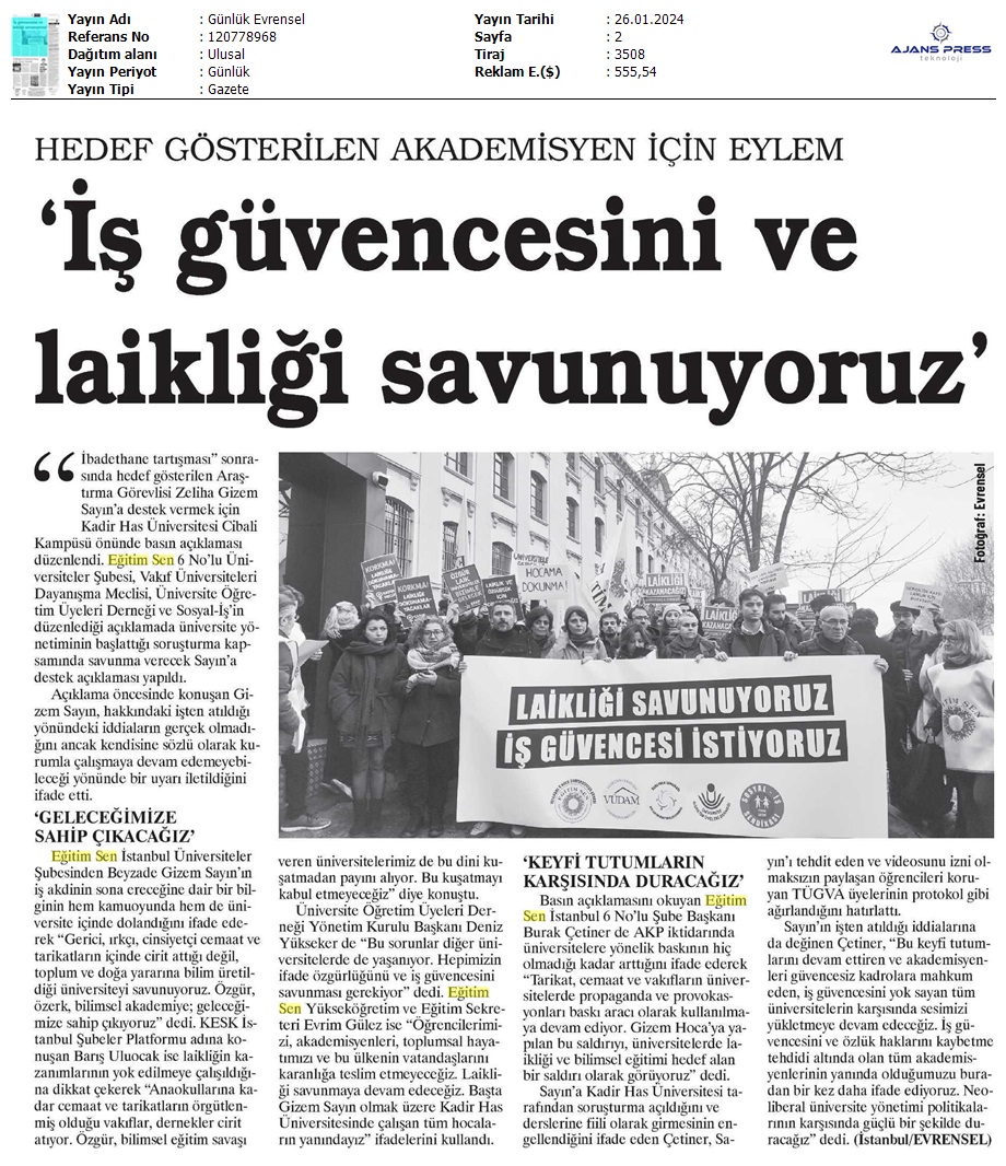 "İş Güvencesini ve Laikliği Savunuyoruz" / Evrensel