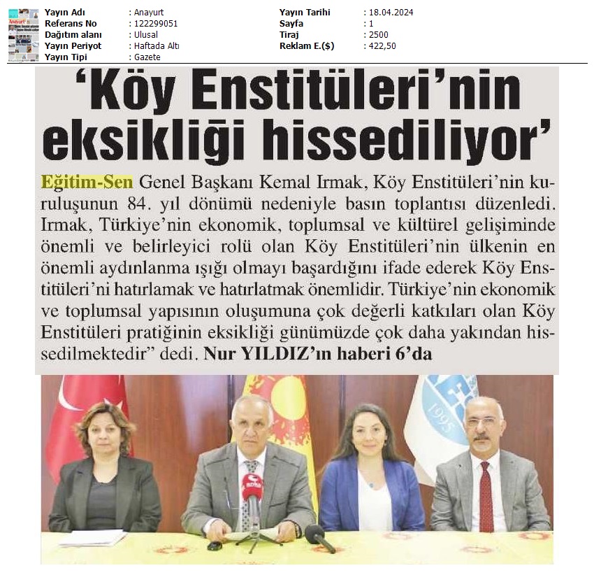 "Köy Enstitüleri'nin Eksikliği Hissediliyor" / Anayurt