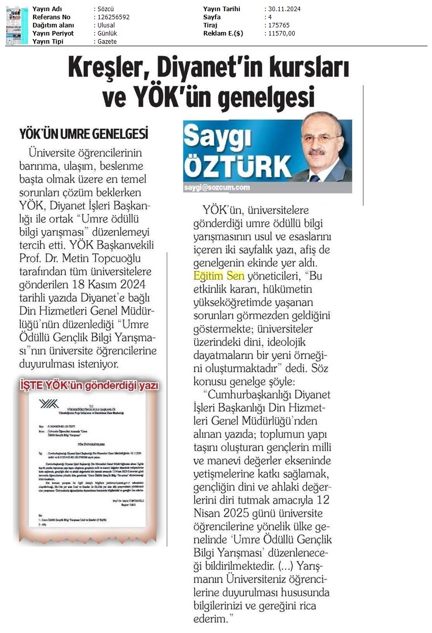 Kreşler, Diyanet'in Kursları ve YÖK'ün Genelgesi / Sözcü