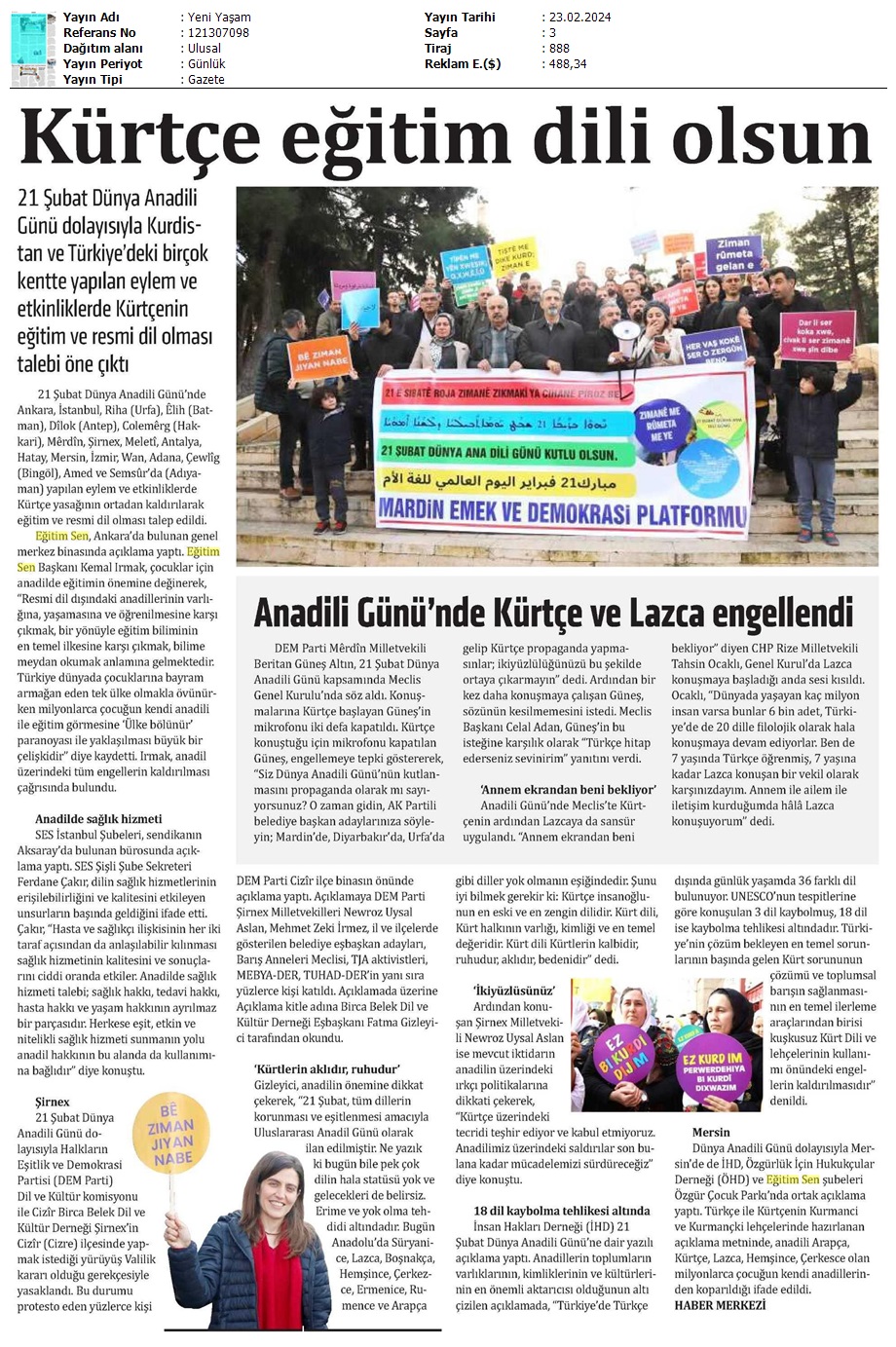 Kürtçe Eğitim Dili Olsun / Yeni Yaşam