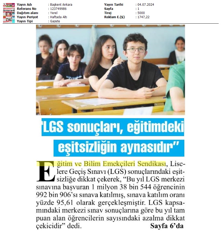 "LGS Sonuçları, Eğitimdeki Eşitsizliğin Aynasıdır" / Başkent Ankara
