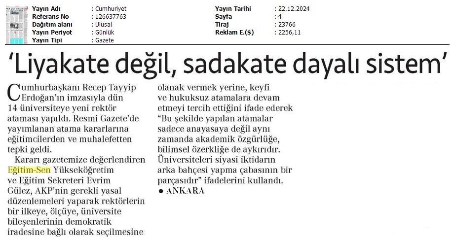 "Liyakate Değil, Sadakate Dayalı Sistem" / Cumhuriyet