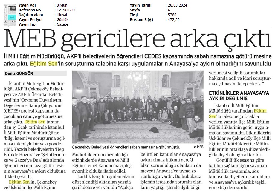 MEB Gericilere Arka Çıktı / Birgün