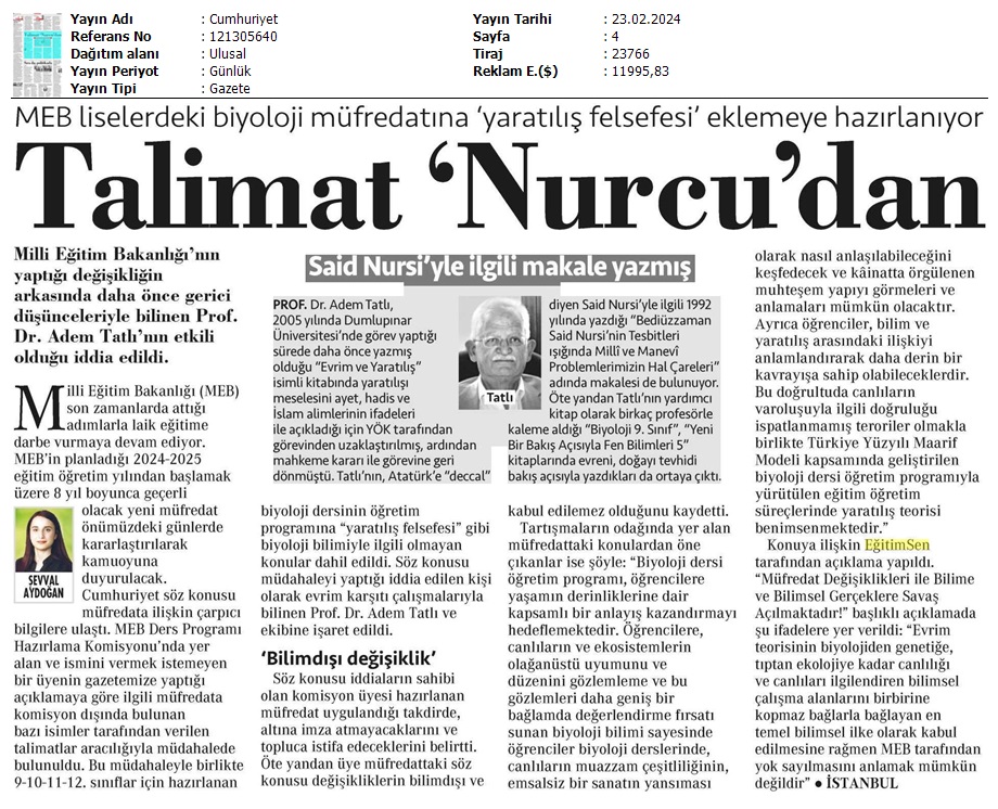 MEB Liselerdeki Biyoloji Müfredatına 'Yaratılış Felsefesi' Eklemeye Hazırlanıyor / Cumhuriyet