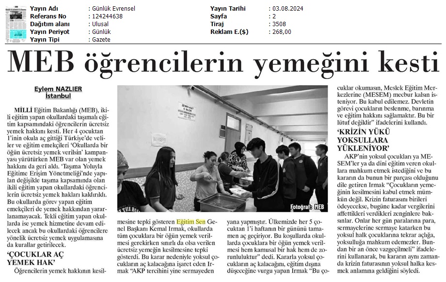 MEB Öğrencilerin Yemeğini Kesti / Evrensel